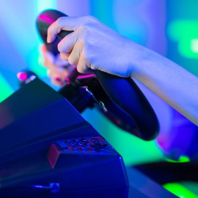 cybersport gamer play car racing